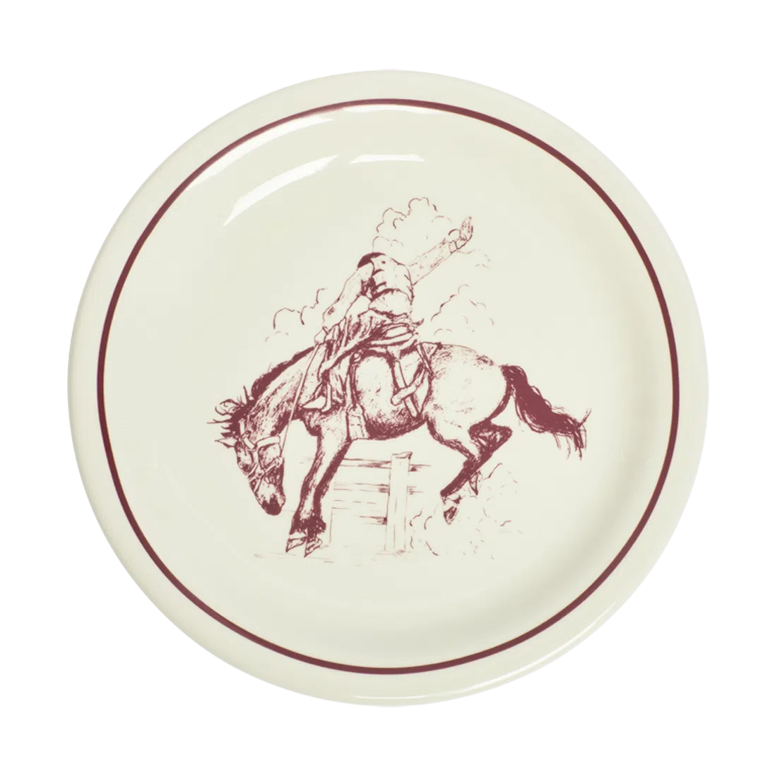 Bucking Bronco Plate tableware, with a clean, polished finish and distinctive shape or artwork; a useful size for meals, appetizers, desserts, snacks, or layered place settings. Primary product view highlights the overall design and proportions.