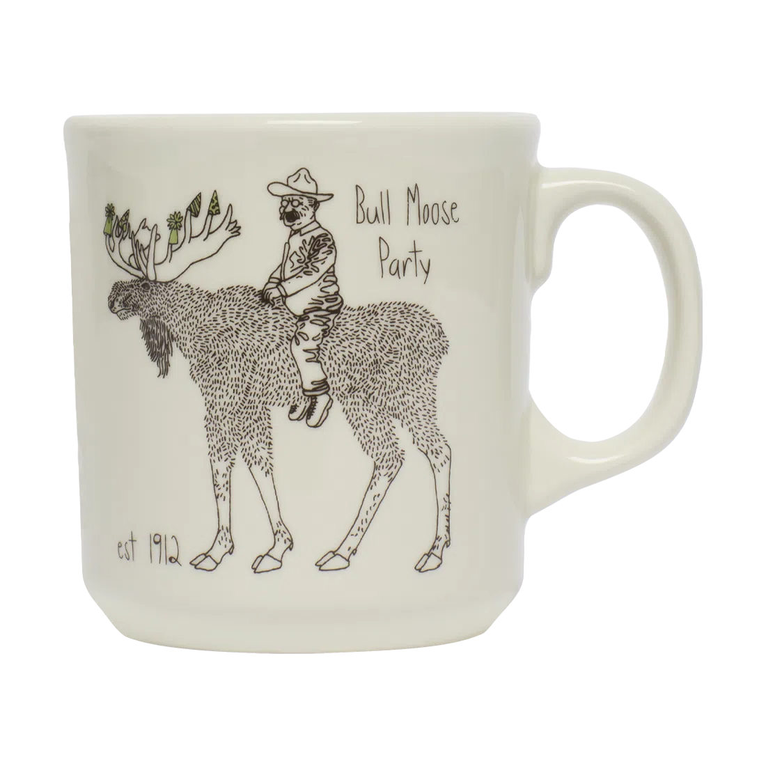 Teddy Roosevelt - Bull Moose Mug ceramic drinkware, with a clean, polished finish and distinctive shape or artwork; a comfortable everyday choice for coffee, tea, cocoa, or desk-side sipping. Primary product view highlights the overall design and proportions.
