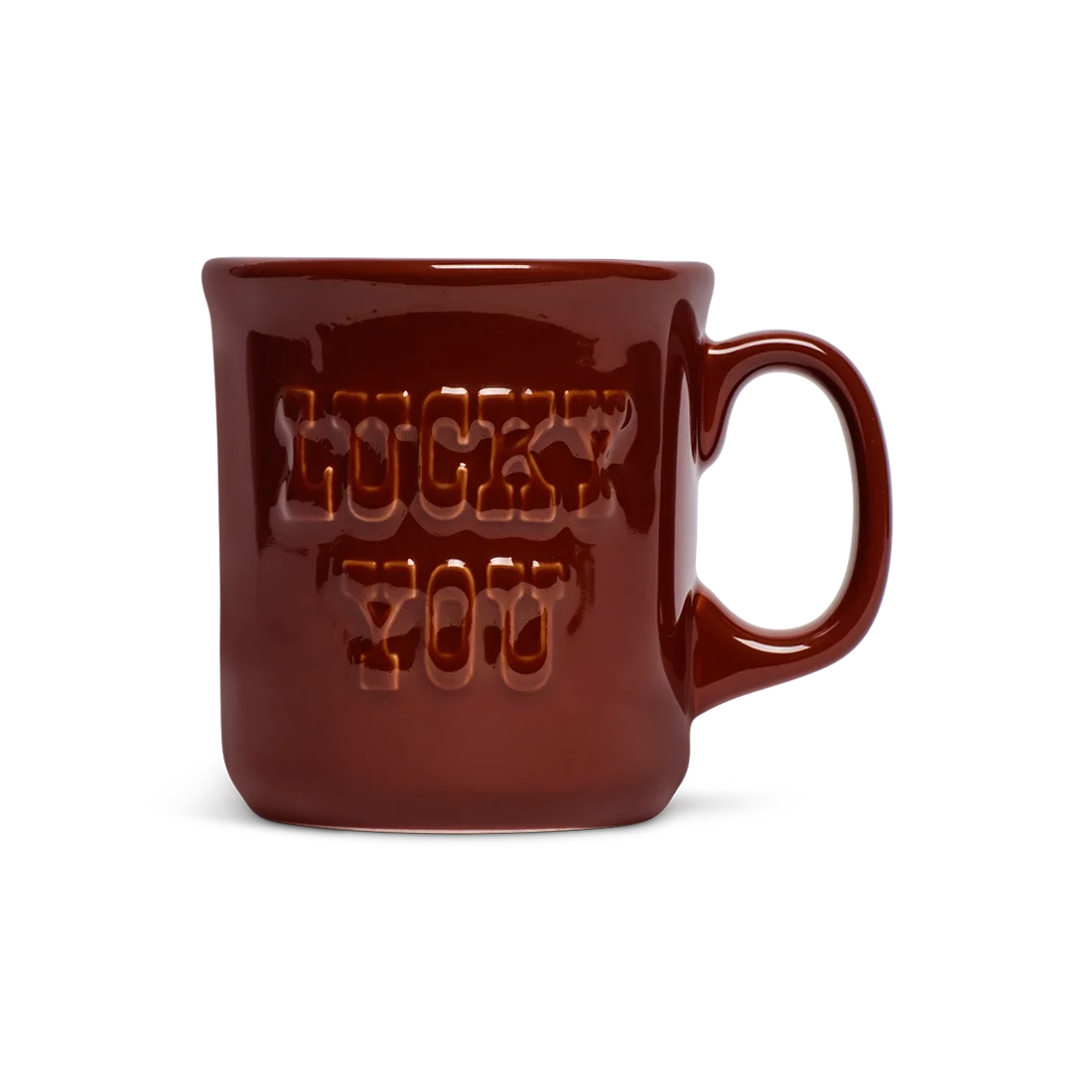 Glossy rust-red ceramic Lucky You mug with raised LUCKY YOU lettering, shown from the front.