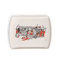 White rectangular tray from above with a black and red drawing of a crowded subway car