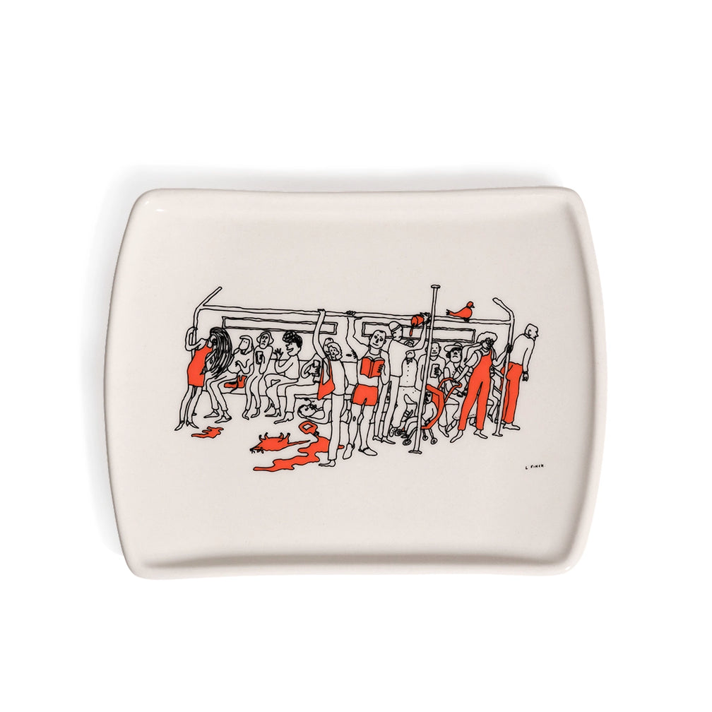 White rectangular tray from above with a black and red drawing of a crowded subway car