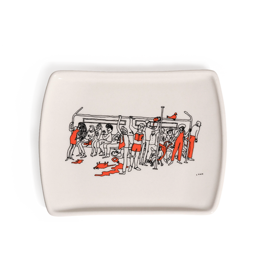 Cream ceramic Liana Finck Subway Ride mug featuring a black line drawing and speech bubble reading “Oh God, I’m turning into my mother!”, shown from the front.
