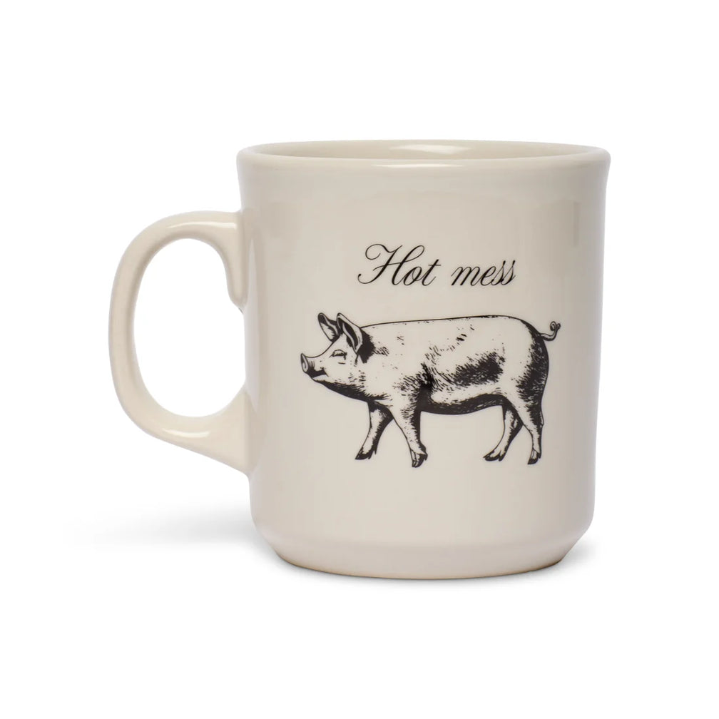 Cream mug with a black vintage engraving of a pig and Hot mess in script, front view