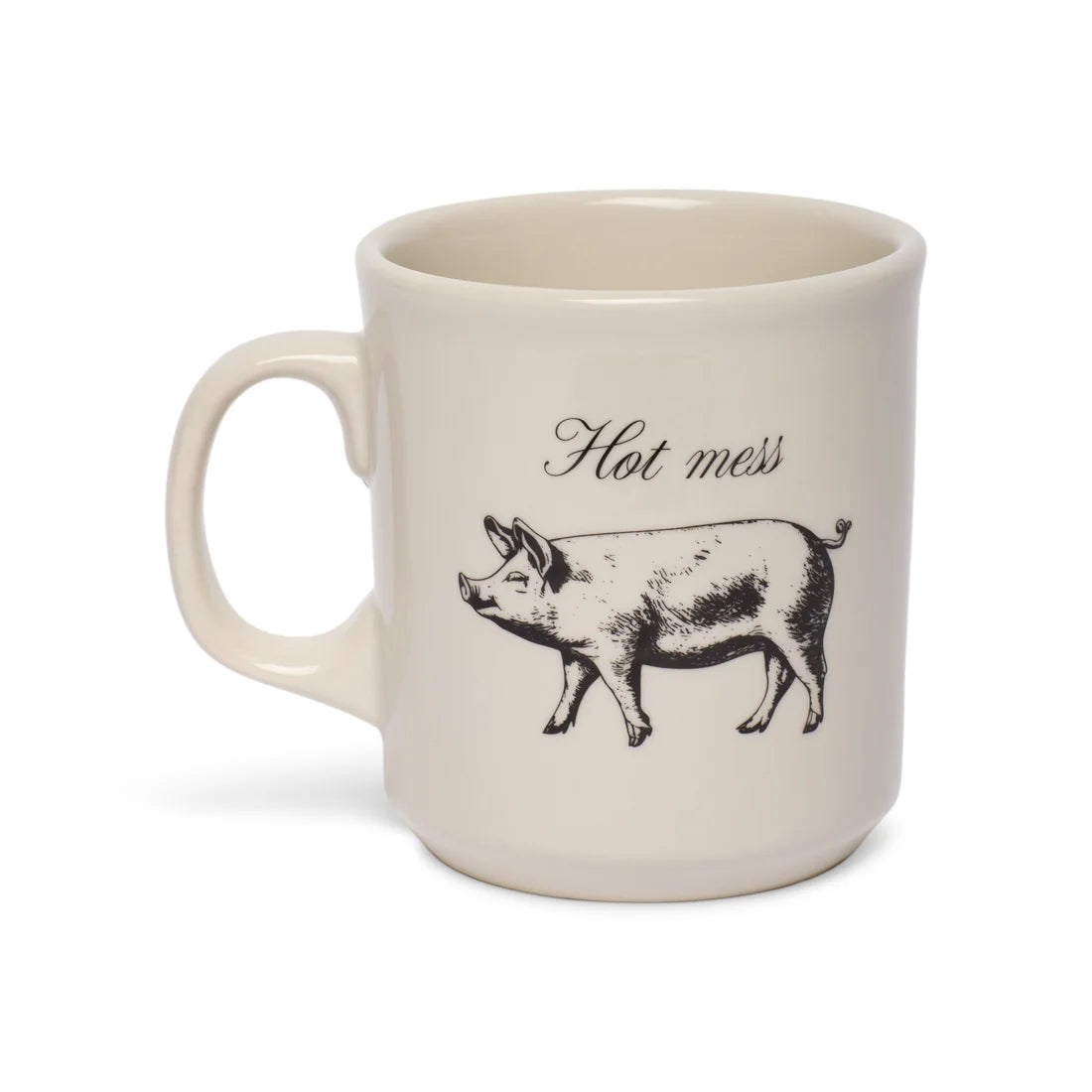 Cream Hot mess mug with pig engraving, angled slightly to show the rim