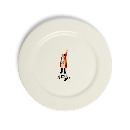 Rise Up ceramic dinner plate with Hamilton-inspired illustration.