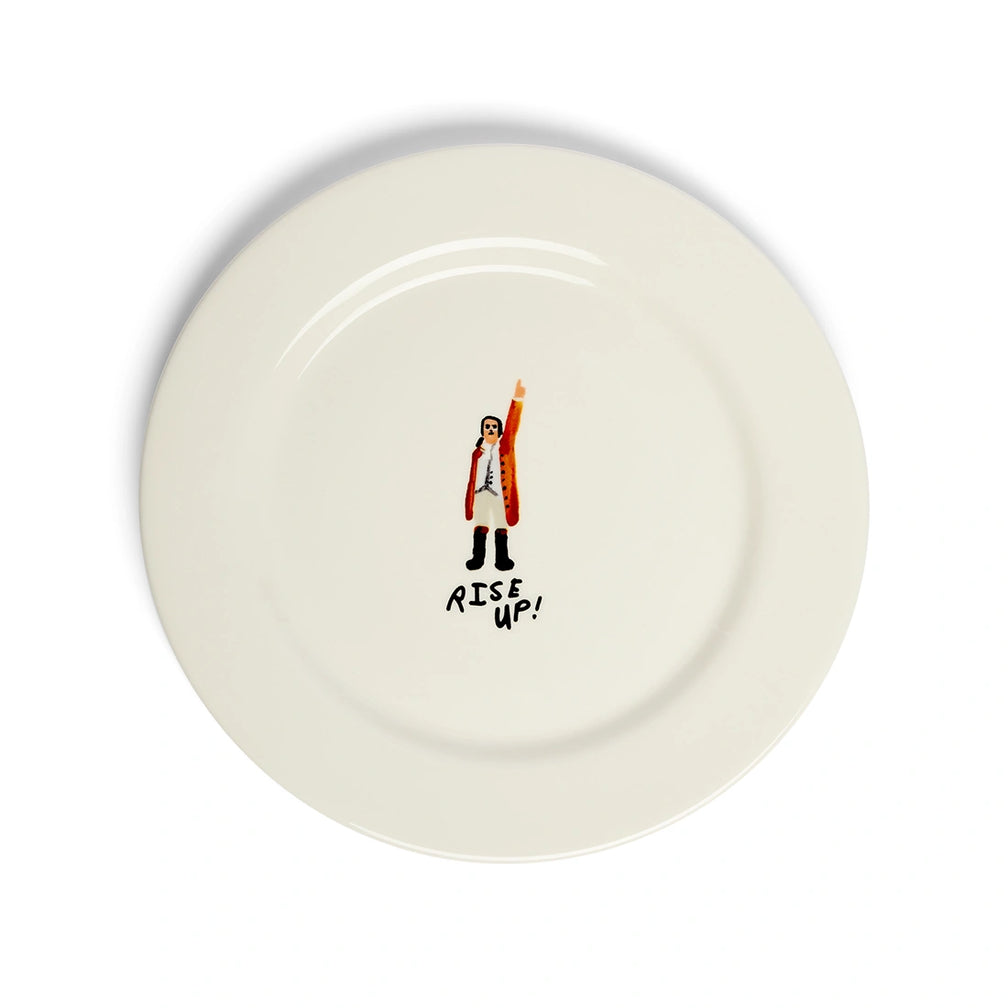 Rise Up ceramic dinner plate with Hamilton-inspired illustration.