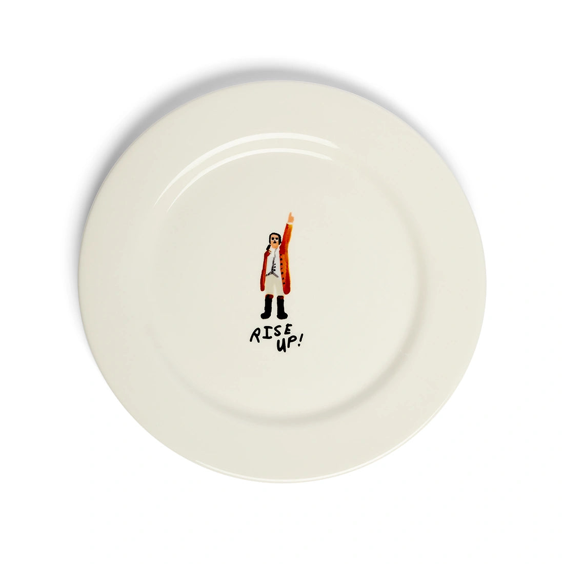 Rise Up ceramic dinner plate with Hamilton-inspired illustration.