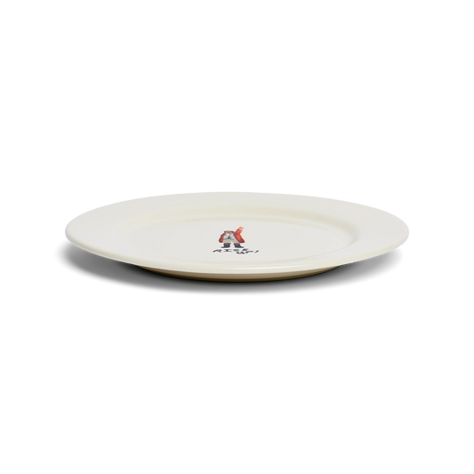 Angled view of Rise Up ceramic dinner plate.