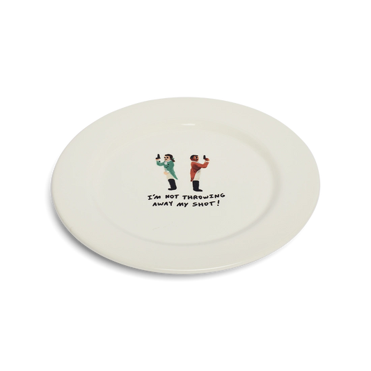 Angled view of I'm Not Throwing Away My Shot ceramic dinner plate.
