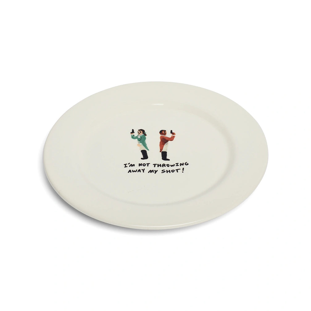 Angled view of I'm Not Throwing Away My Shot ceramic dinner plate.