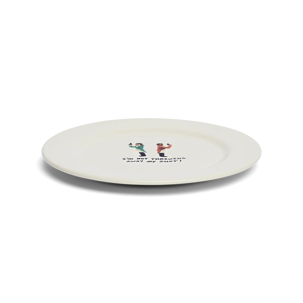 Side view of I'm Not Throwing Away My Shot ceramic dinner plate.