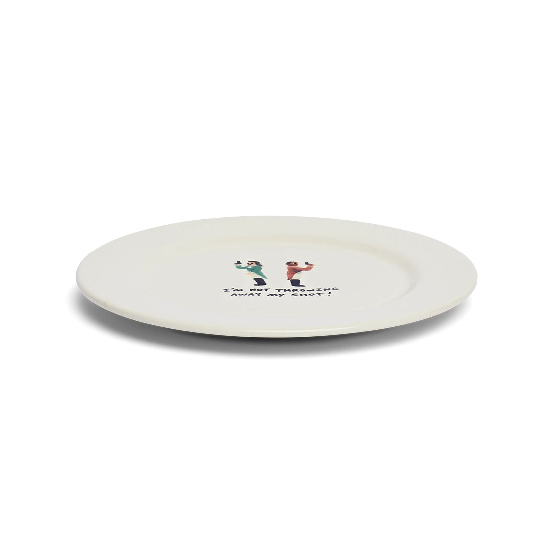 Side view of I'm Not Throwing Away My Shot ceramic dinner plate.