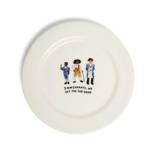 Immigrants, We Get the Job Done ceramic dinner plate with Hamilton-inspired illustration.