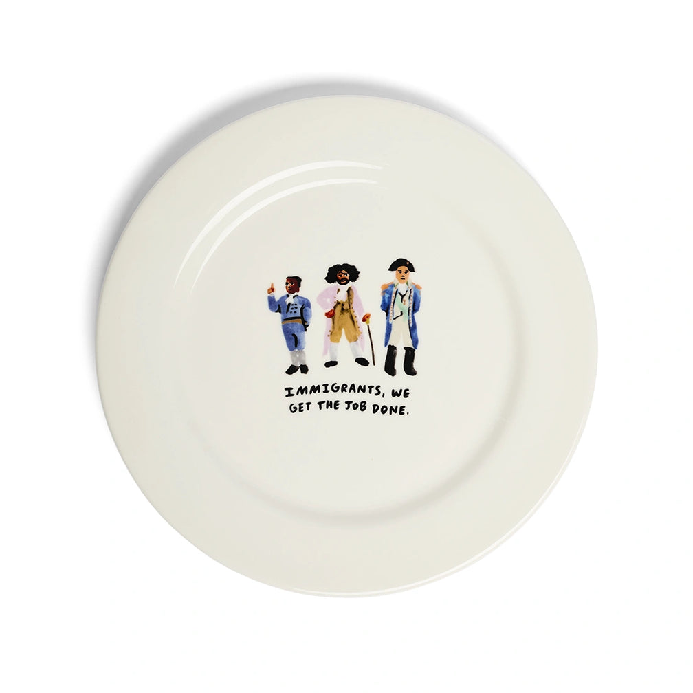 Immigrants, We Get the Job Done ceramic dinner plate with Hamilton-inspired illustration.