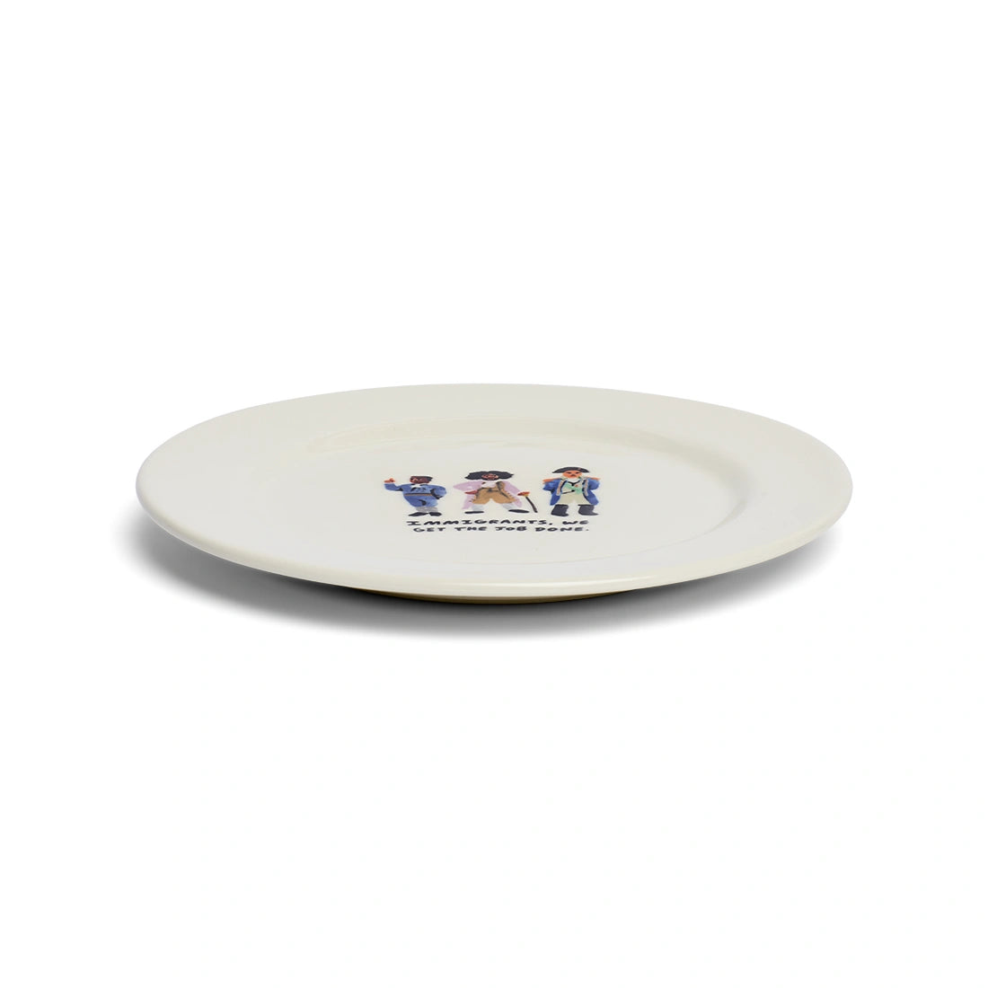 Angled view of Immigrants, We Get the Job Done ceramic dinner plate with Hamilton-inspired artwork.