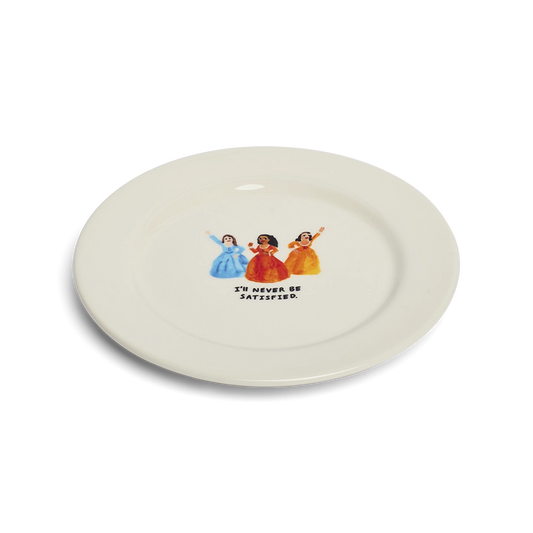 Angled view of I'll Never Be Satisfied ceramic dinner plate.