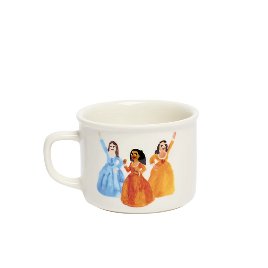 Hamilton - Sisters - Never Satisfied Mug ceramic drinkware, with a clean, polished finish and distinctive shape or artwork; a comfortable everyday choice for coffee, tea, cocoa, or desk-side sipping. Alternate product view shows more of the shape, finish, and design details.