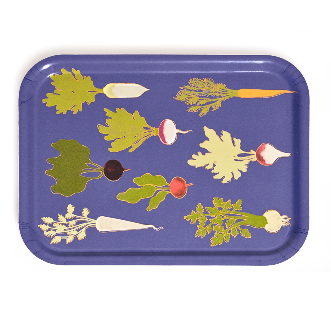 Root Down rectangular serving tray featuring colorful illustrated root vegetables on a bold purple background, shown from above.