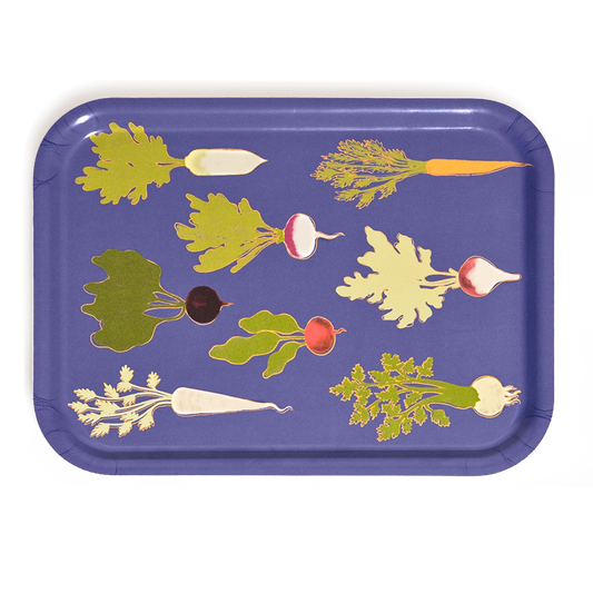Root Down rectangular serving tray featuring colorful illustrated root vegetables on a bold purple background, shown from above.