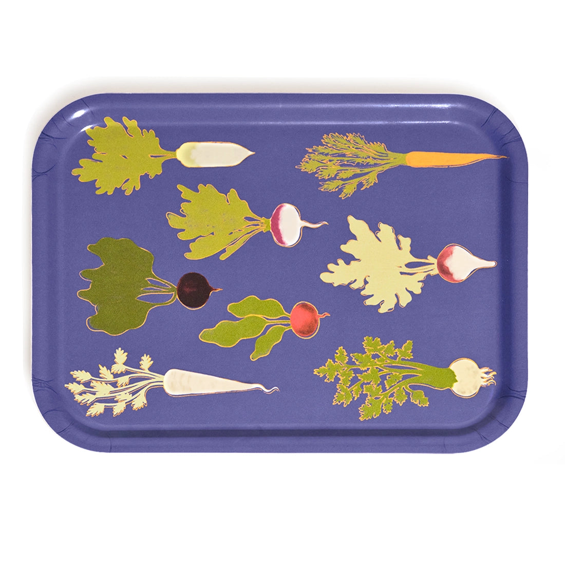 Royal blue rectangular tray from above with illustrated root vegetables like carrots, beets and radishes