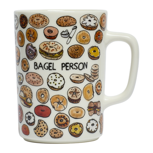 Ben Lenovitz - Bagel Person Mug ceramic drinkware, with a clean, polished finish and distinctive shape or artwork; a comfortable everyday choice for coffee, tea, cocoa, or desk-side sipping. Primary product view highlights the overall design and proportions.