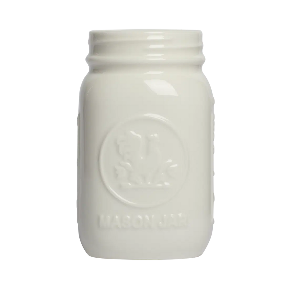 Farmers Market - Standard Mason Jar - White glazed ceramic jar, with a clean, polished finish and distinctive shape or artwork; a charming, substantial piece for drinks, flowers, utensils, or relaxed countertop styling. Primary product view highlights the overall design and proportions.