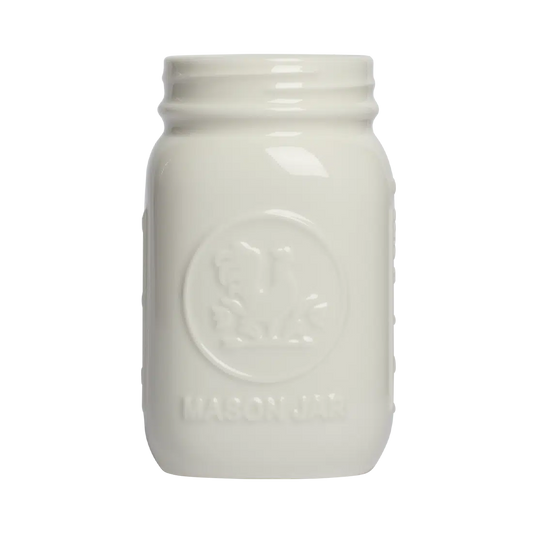 Farmers Market - Standard Mason Jar - White glazed ceramic jar, with a clean, polished finish and distinctive shape or artwork; a charming, substantial piece for drinks, flowers, utensils, or relaxed countertop styling. Primary product view highlights the overall design and proportions.