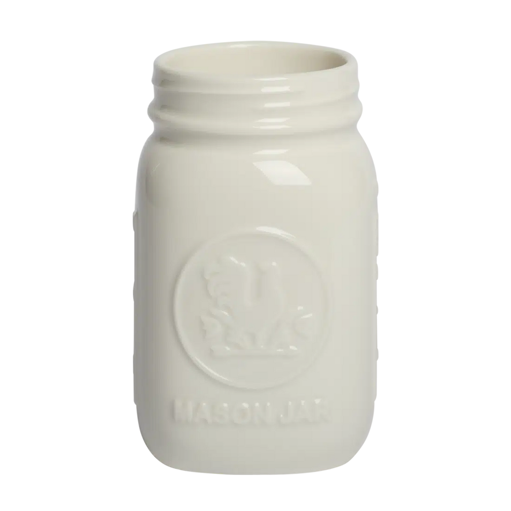 Farmers Market - Standard Mason Jar - White glazed ceramic jar, with a clean, polished finish and distinctive shape or artwork; a charming, substantial piece for drinks, flowers, utensils, or relaxed countertop styling. Alternate product view shows more of the shape, finish, and design details.
