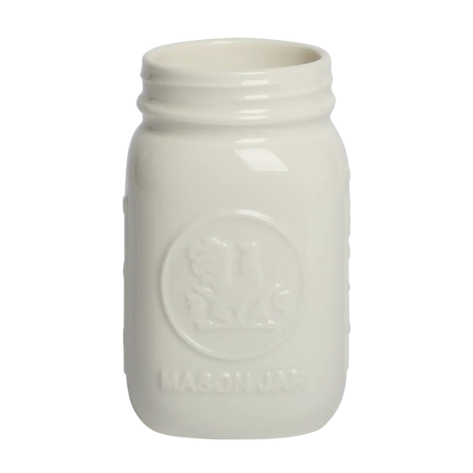 Farmers Market - Standard Mason Jar - White glazed ceramic jar, with a clean, polished finish and distinctive shape or artwork; a charming, substantial piece for drinks, flowers, utensils, or relaxed countertop styling. Alternate product view shows more of the shape, finish, and design details.