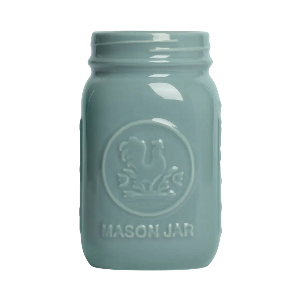 Farmers Market - Standard Mason Jar - Blue Grey glazed ceramic jar, with a clean, polished finish and distinctive shape or artwork; a charming, substantial piece for drinks, flowers, utensils, or relaxed countertop styling. Primary product view highlights the overall design and proportions.