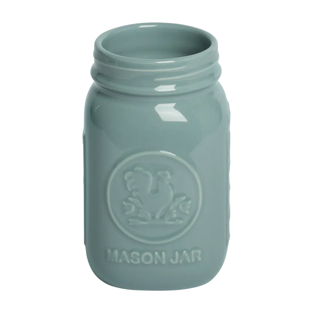 Farmers Market - Standard Mason Jar - Blue Grey glazed ceramic jar, with a clean, polished finish and distinctive shape or artwork; a charming, substantial piece for drinks, flowers, utensils, or relaxed countertop styling. Additional view helps show the profile, scale, and decorative details.