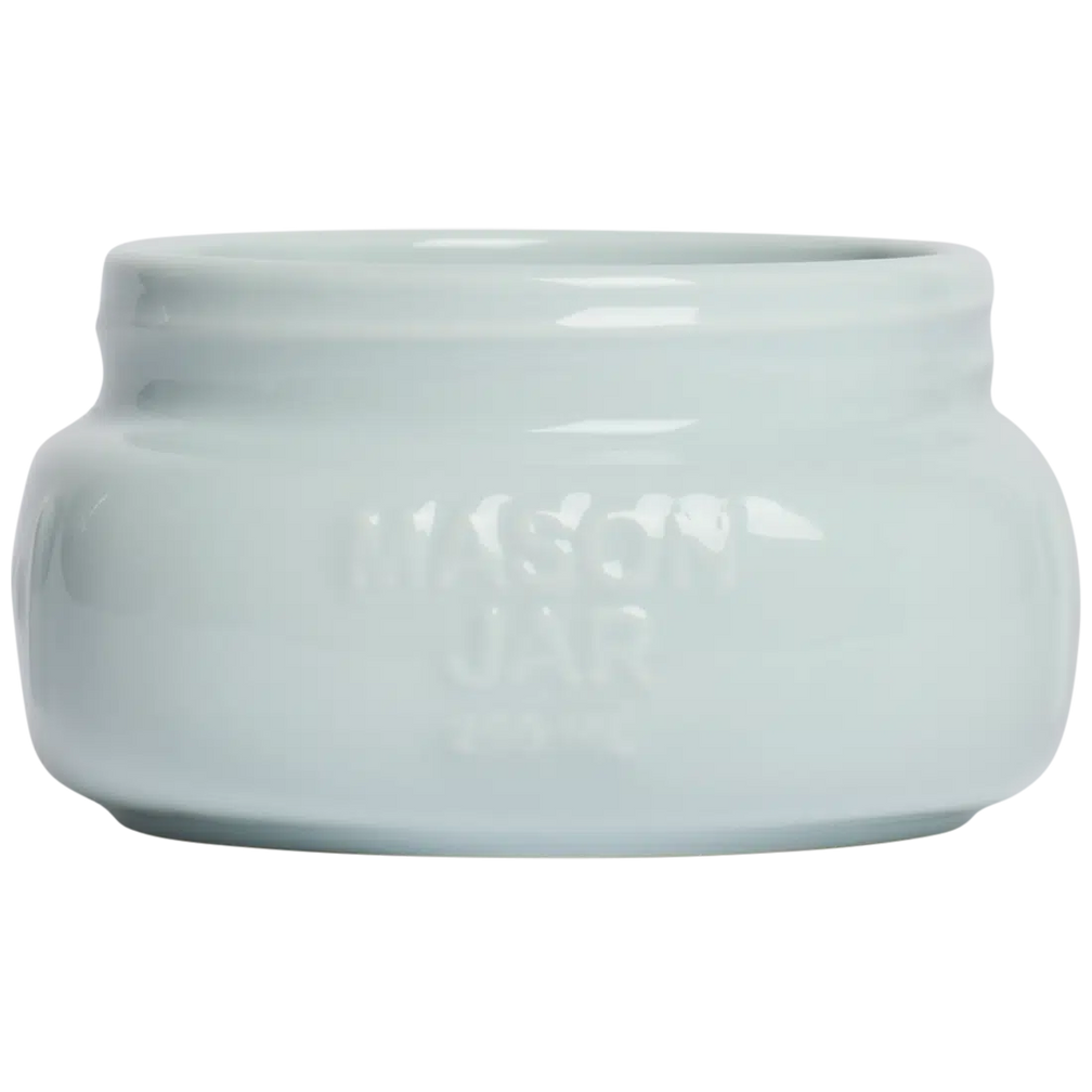 Farmers Market - Short/wide Mason Jar - Sky Blue glazed ceramic jar, with a clean, polished finish and distinctive shape or artwork; a charming, substantial piece for drinks, flowers, utensils, or relaxed countertop styling. Primary product view highlights the overall design and proportions.