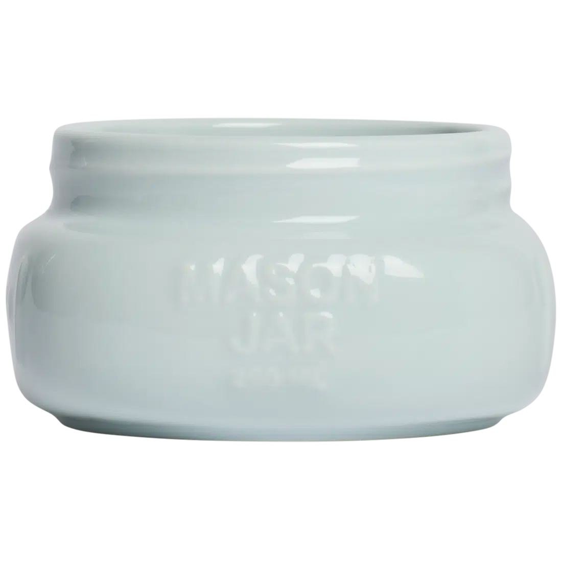 Farmers Market - Short/wide Mason Jar - Sky Blue glazed ceramic jar, with a clean, polished finish and distinctive shape or artwork; a charming, substantial piece for drinks, flowers, utensils, or relaxed countertop styling. Primary product view highlights the overall design and proportions.