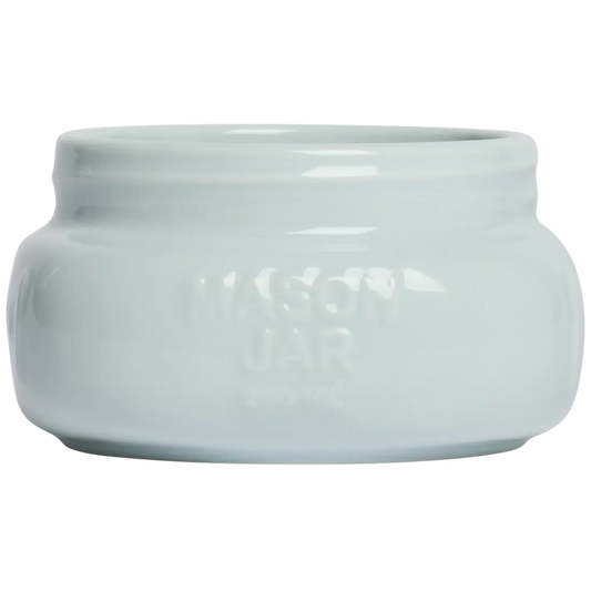 Farmers Market - Short/wide Mason Jar - Sky Blue glazed ceramic jar, with a clean, polished finish and distinctive shape or artwork; a charming, substantial piece for drinks, flowers, utensils, or relaxed countertop styling. Primary product view highlights the overall design and proportions.