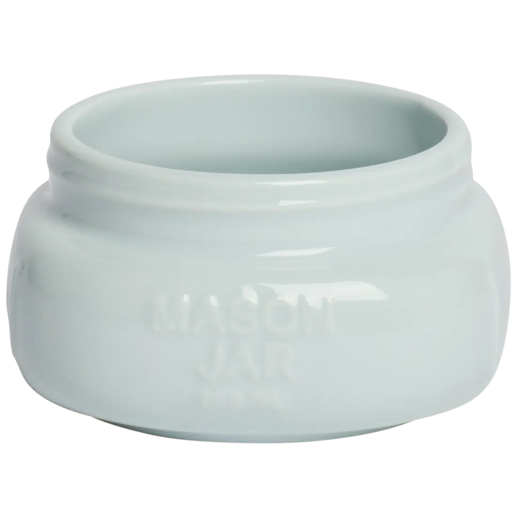 Farmers Market - Short/wide Mason Jar - Sky Blue glazed ceramic jar, with a clean, polished finish and distinctive shape or artwork; a charming, substantial piece for drinks, flowers, utensils, or relaxed countertop styling. Additional view helps show the profile, scale, and decorative details.