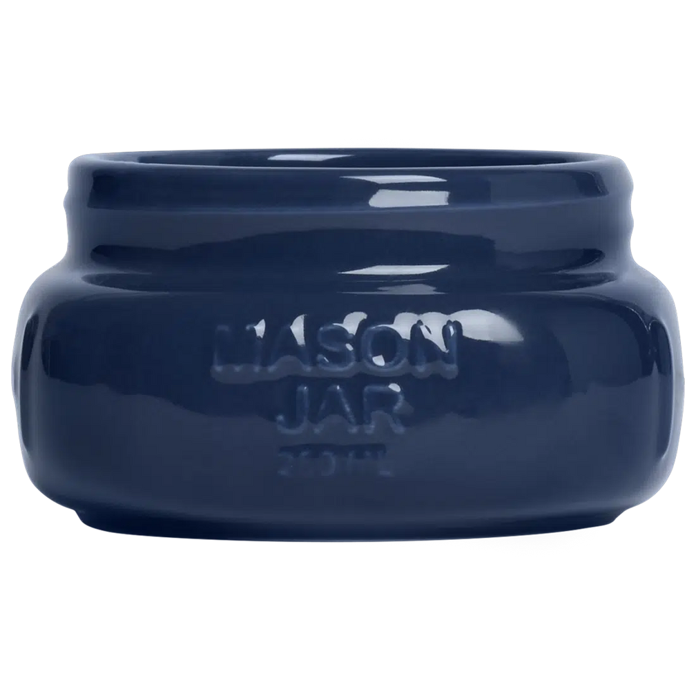 Farmers Market - Short/wide Mason Jar - Indigo glazed ceramic jar, with a clean, polished finish and distinctive shape or artwork; a charming, substantial piece for drinks, flowers, utensils, or relaxed countertop styling. Primary product view highlights the overall design and proportions.