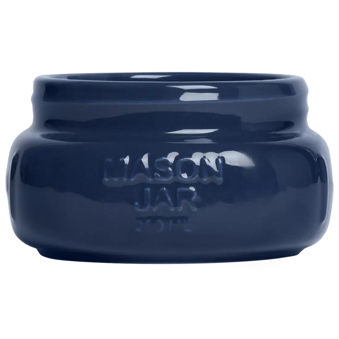 Farmers Market - Short/wide Mason Jar - Indigo glazed ceramic jar, with a clean, polished finish and distinctive shape or artwork; a charming, substantial piece for drinks, flowers, utensils, or relaxed countertop styling. Primary product view highlights the overall design and proportions.