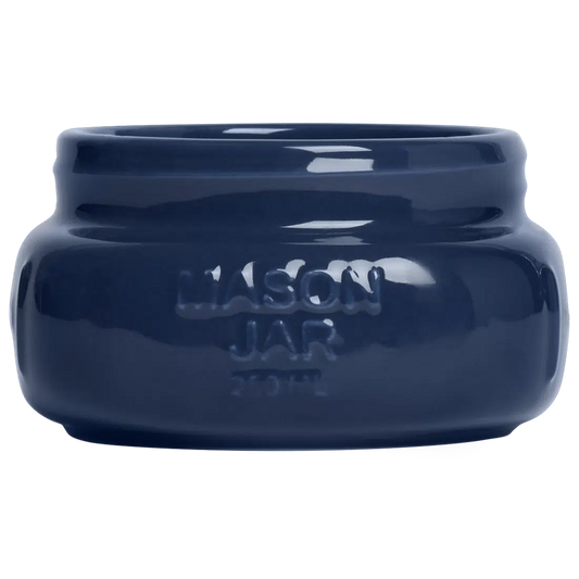 Farmers Market - Short/wide Mason Jar - Indigo glazed ceramic jar, with a clean, polished finish and distinctive shape or artwork; a charming, substantial piece for drinks, flowers, utensils, or relaxed countertop styling. Primary product view highlights the overall design and proportions.