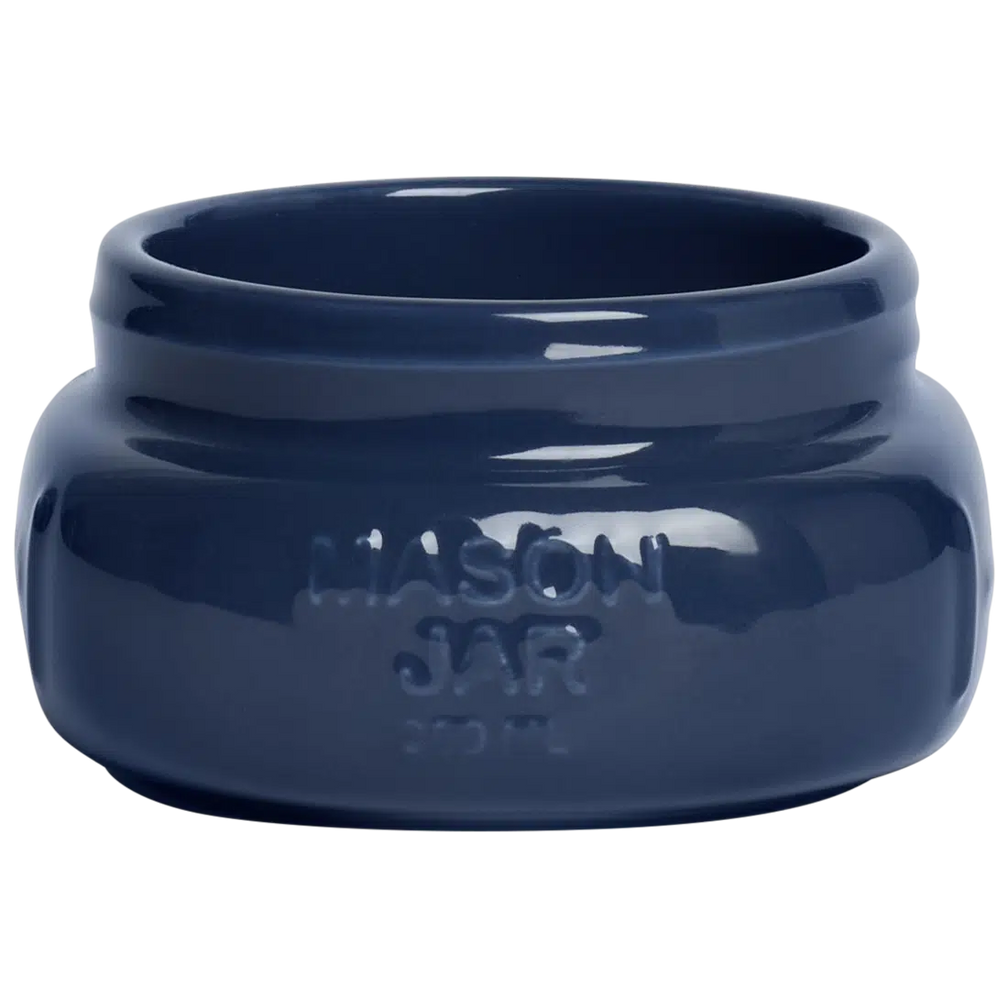 Farmers Market - Short/wide Mason Jar - Indigo glazed ceramic jar, with a clean, polished finish and distinctive shape or artwork; a charming, substantial piece for drinks, flowers, utensils, or relaxed countertop styling. Alternate product view shows more of the shape, finish, and design details.