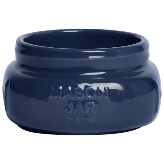 Farmers Market - Short/wide Mason Jar - Indigo glazed ceramic jar, with a clean, polished finish and distinctive shape or artwork; a charming, substantial piece for drinks, flowers, utensils, or relaxed countertop styling. Alternate product view shows more of the shape, finish, and design details.