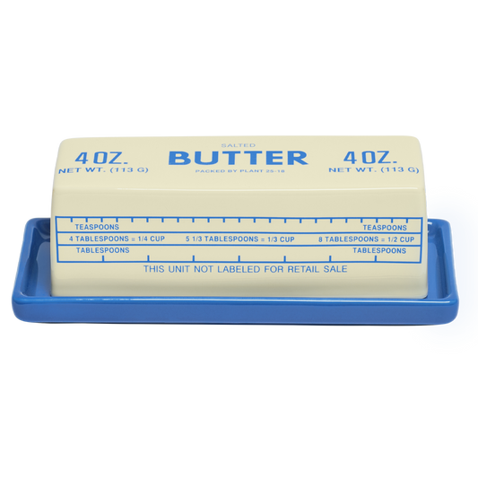 Butter container with blue lid and measurement markings on a white background