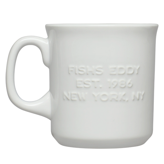Item - Fishs Eddy EST 1986 Mug ceramic drinkware, with a clean, polished finish and distinctive shape or artwork; a comfortable everyday choice for coffee, tea, cocoa, or desk-side sipping. Primary product view highlights the overall design and proportions.