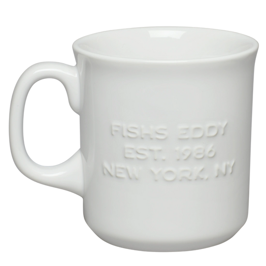 Item - Fishs Eddy EST 1986 Mug ceramic drinkware, with a clean, polished finish and distinctive shape or artwork; a comfortable everyday choice for coffee, tea, cocoa, or desk-side sipping. Alternate product view shows more of the shape, finish, and design details.