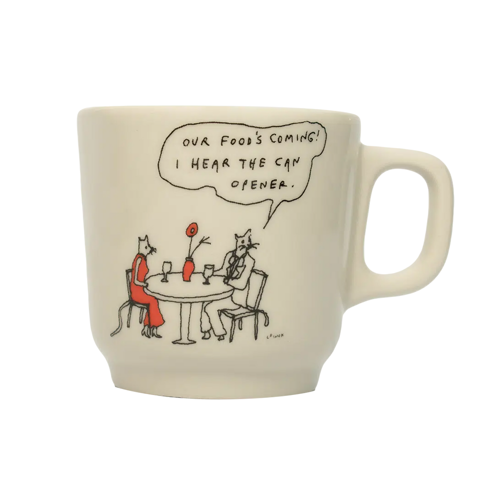 Liana Finck - Can Opener Mug ceramic drinkware, with a clean, polished finish and distinctive shape or artwork; a comfortable everyday choice for coffee, tea, cocoa, or desk-side sipping. Primary product view highlights the overall design and proportions.