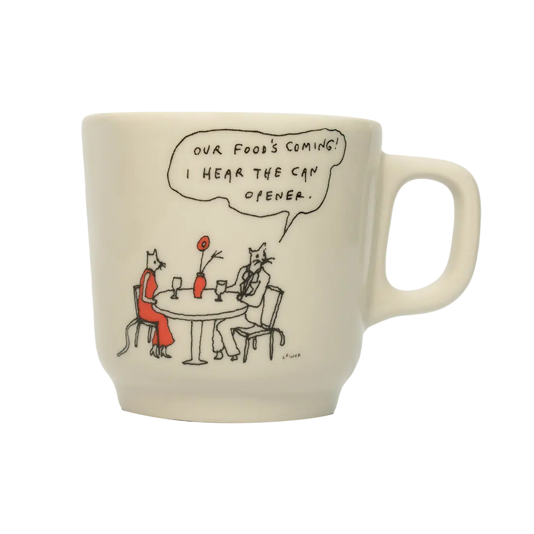 Liana Finck - Can Opener Mug ceramic drinkware, with a clean, polished finish and distinctive shape or artwork; a comfortable everyday choice for coffee, tea, cocoa, or desk-side sipping. Primary product view highlights the overall design and proportions.