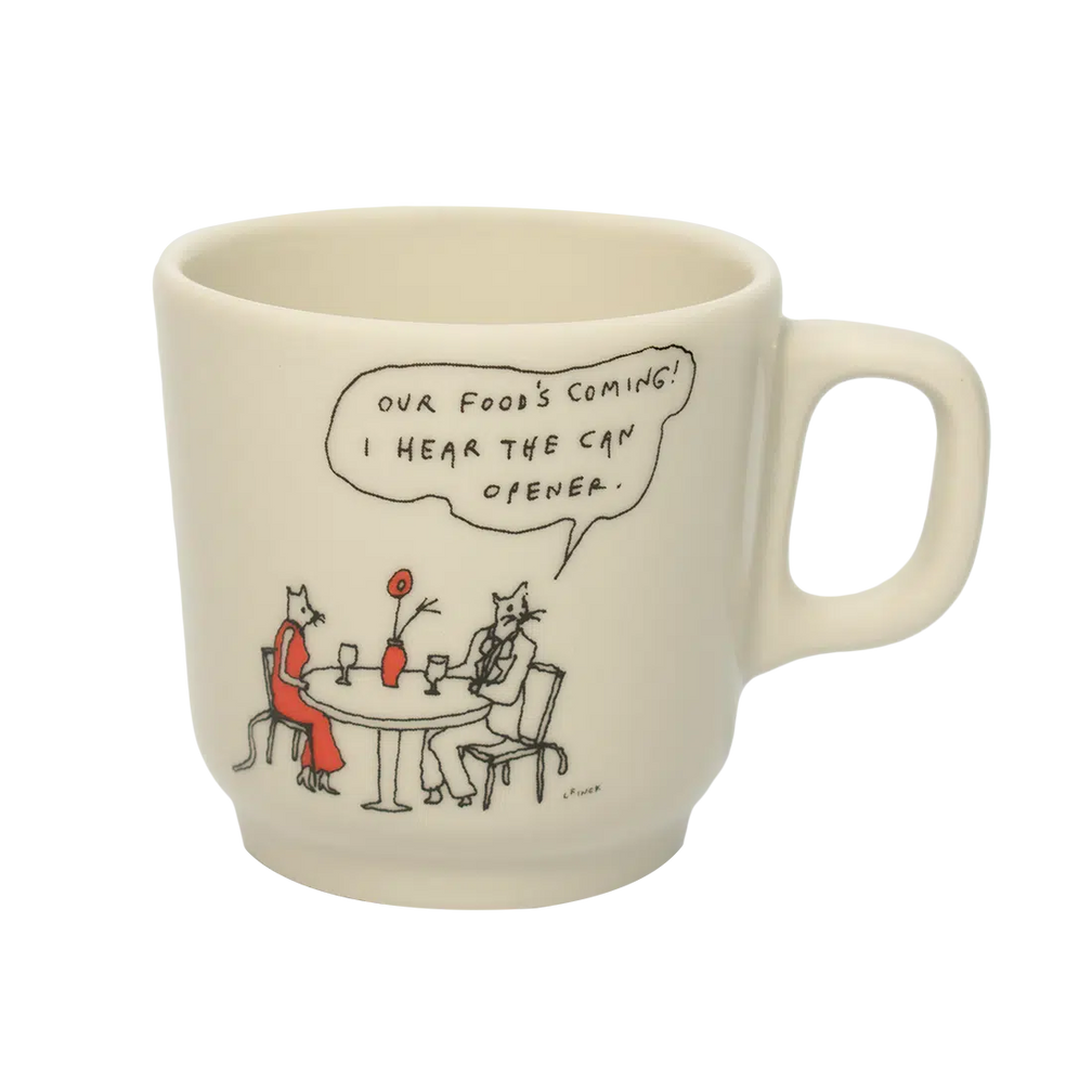 Liana Finck - Can Opener Mug ceramic drinkware, with a clean, polished finish and distinctive shape or artwork; a comfortable everyday choice for coffee, tea, cocoa, or desk-side sipping. Alternate product view shows more of the shape, finish, and design details.