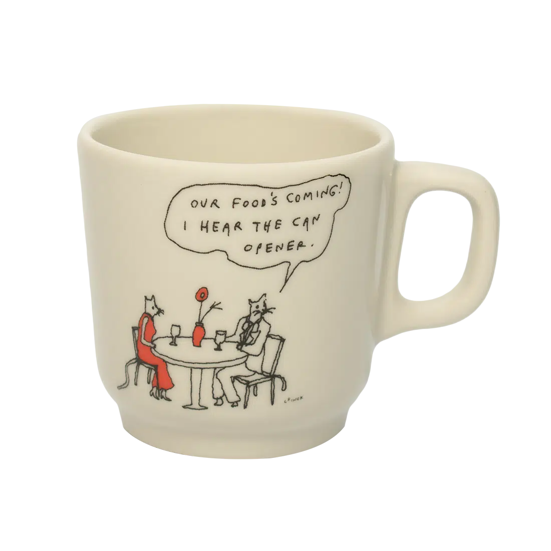 Liana Finck - Can Opener Mug ceramic drinkware, with a clean, polished finish and distinctive shape or artwork; a comfortable everyday choice for coffee, tea, cocoa, or desk-side sipping. Alternate product view shows more of the shape, finish, and design details.