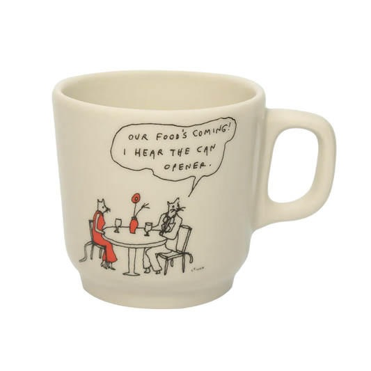 Liana Finck - Can Opener Mug ceramic drinkware, with a clean, polished finish and distinctive shape or artwork; a comfortable everyday choice for coffee, tea, cocoa, or desk-side sipping. Alternate product view shows more of the shape, finish, and design details.