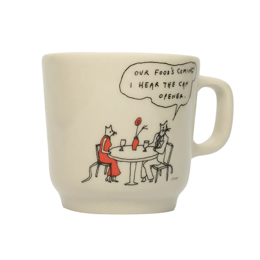 Liana Finck - Can Opener Mug ceramic drinkware, with a clean, polished finish and distinctive shape or artwork; a comfortable everyday choice for coffee, tea, cocoa, or desk-side sipping. Additional view helps show the profile, scale, and decorative details.