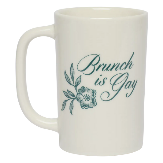 Pleasantries - Brunch Is Gay Mug ceramic drinkware, with a clean, polished finish and distinctive shape or artwork; a comfortable everyday choice for coffee, tea, cocoa, or desk-side sipping. Alternate product view shows more of the shape, finish, and design details.